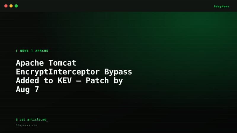 Terminal-style card marking CVE-2026-34486 as a KEV-listed Apache Tomcat EncryptInterceptor bypass