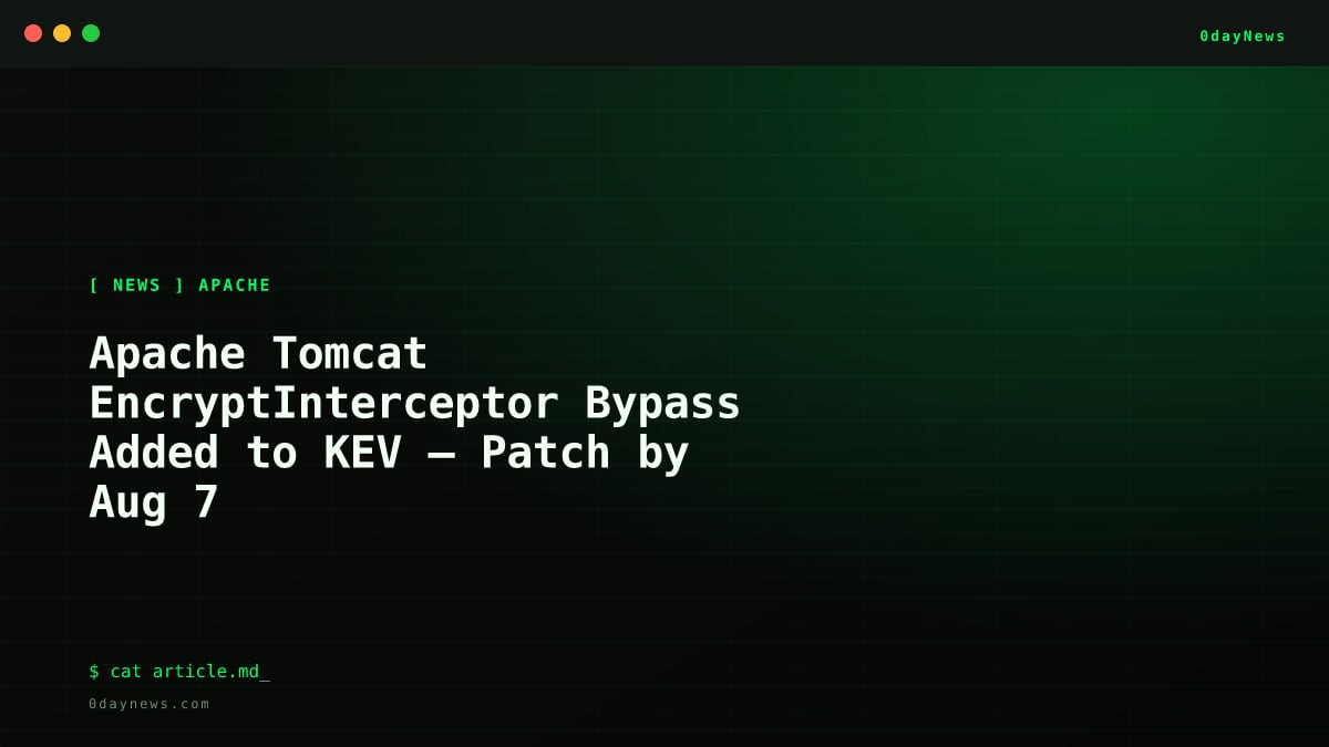 Terminal-style card marking CVE-2026-34486 as a KEV-listed Apache Tomcat EncryptInterceptor bypass