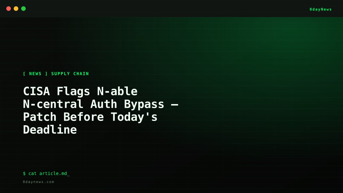 Terminal-style card marking CVE-2026-18577 as a KEV-listed authentication bypass in N-able N-central