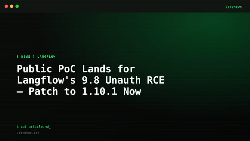 Terminal-style card marking CVE-2026-9198 as a KEV-listed unauthenticated Langflow RCE