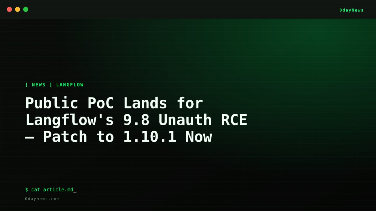 Terminal-style card marking CVE-2026-9198 as a KEV-listed unauthenticated Langflow RCE